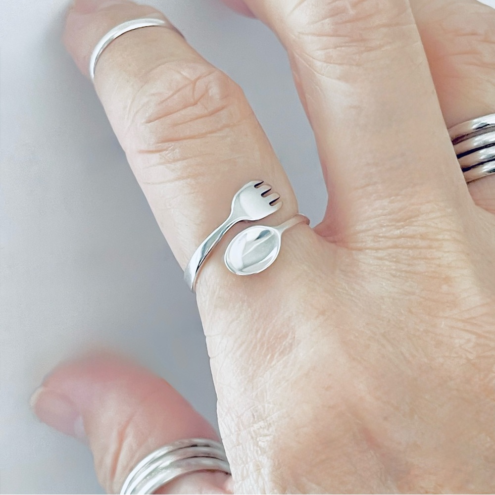 Sterling Silver Delicate Fork and Spoon Ring, Silver Rings, Utensil Ring, Chefs